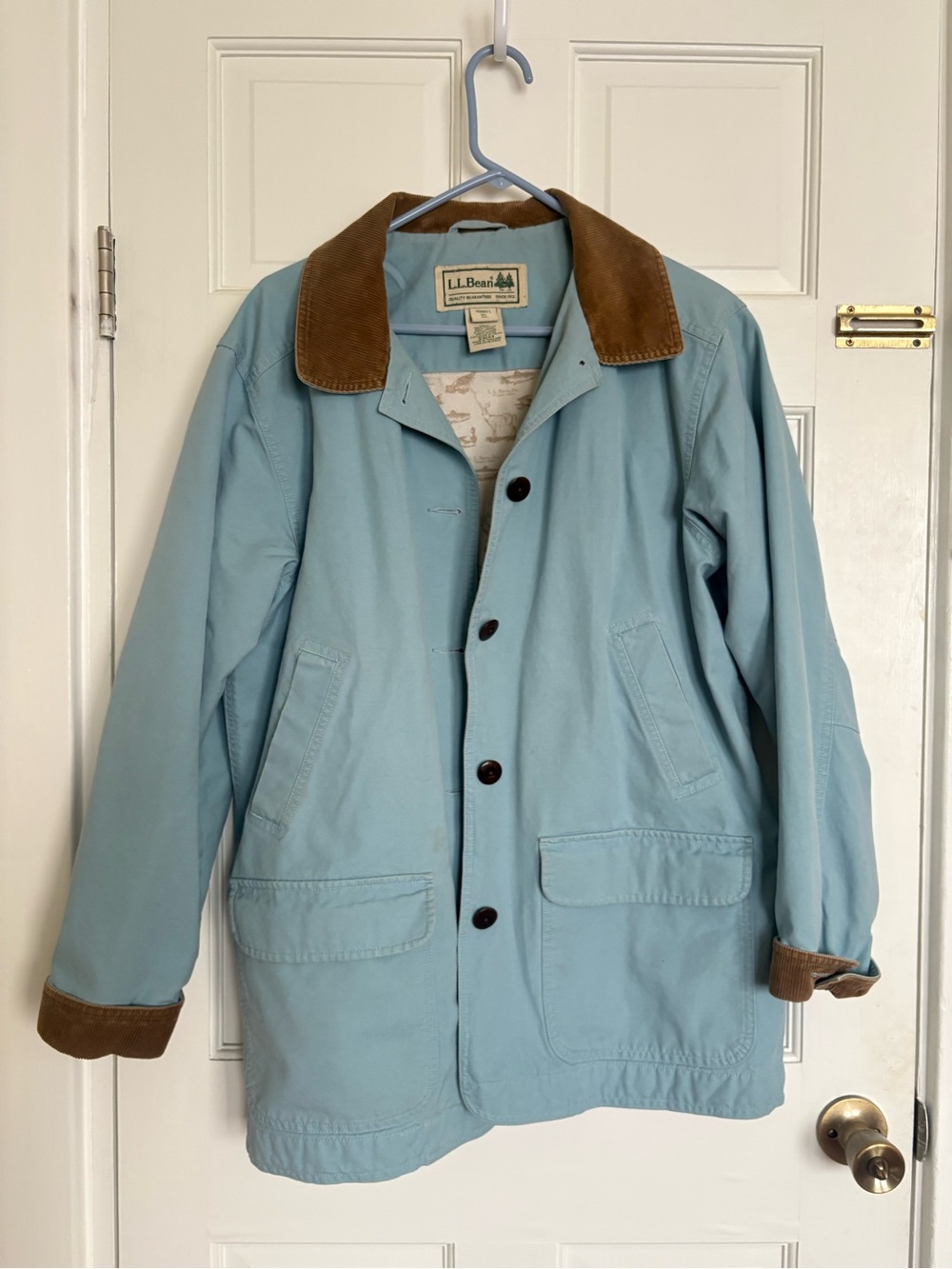L.L. Bean Light Blue Field Coat with Brown Corduroy Trim